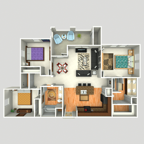 Floor plan for 3 beds, 2 baths, 1250 sqft